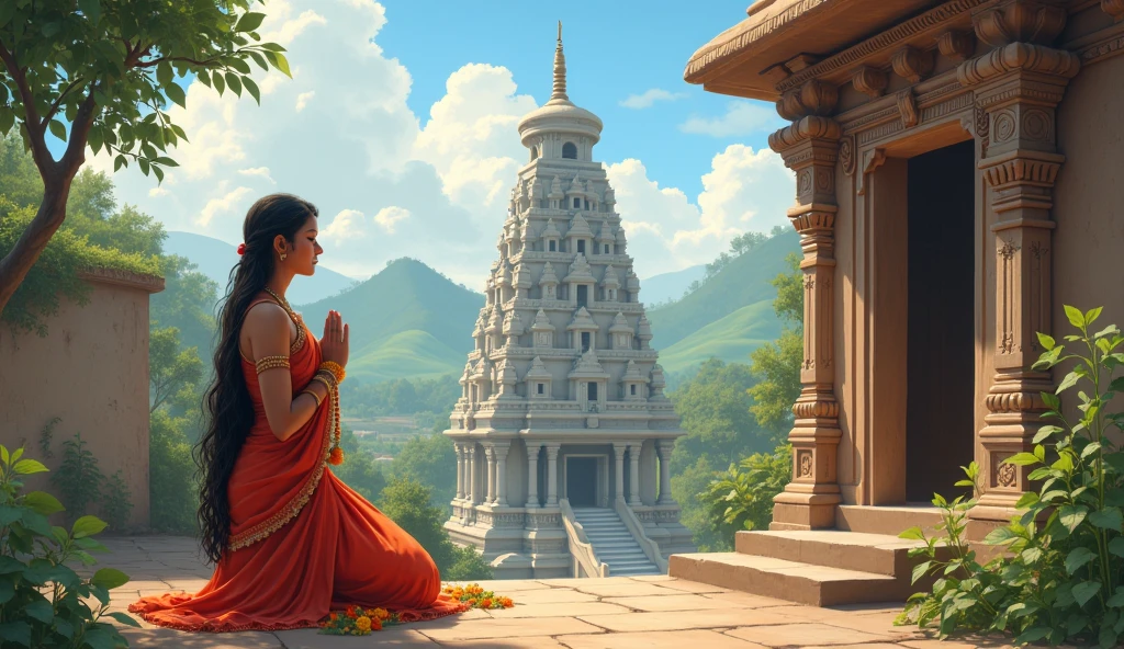 A striking cinematic 3D render of Kaula Tantra, a mystical and complex spiritual practice. The scene is set in a serene, otherworldly landscape with giant lotus flowers and ancient, towering stone structures. The main figure, a female deity, is adorned in intricate jewelry and shimmering fabrics, her eyes closed in deep meditation. Surrounding her are various other figures in meditation, each with unique characteristics and expressions. The atmosphere is spiritual, enigmatic, and slightly surreal., illustration, photo, cinematic, 3d renderLess
