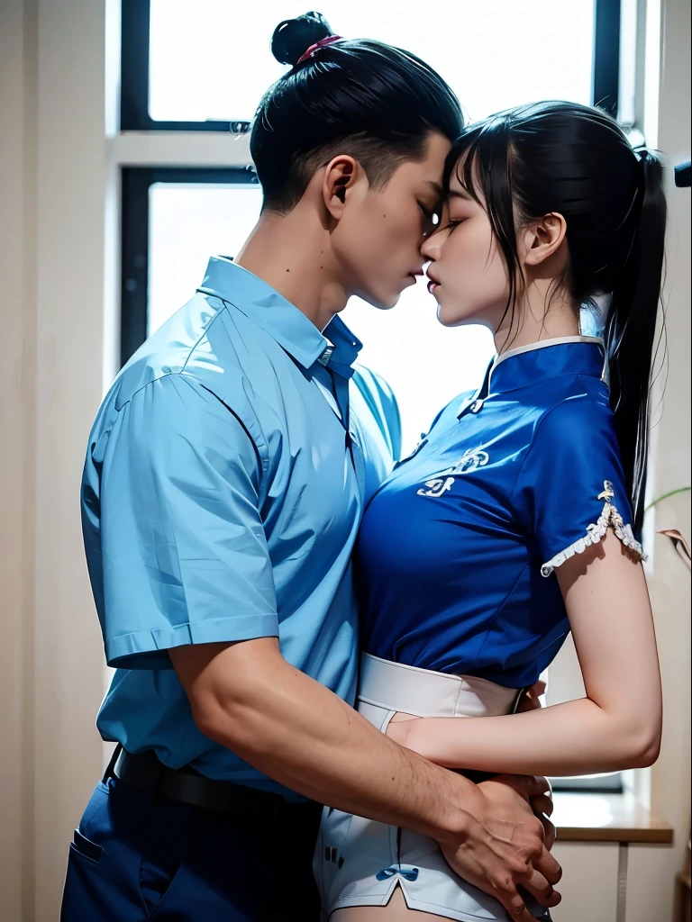 A woman in uniform was kneeling., Sailor suit、White shorts、White base、White pants、Beautiful linen ponytail、Beautiful belly button、Beautiful photos~Cute , Wearing a Japanese uniform, Japanese Girls , Shoot with C...,((Sexual seduction pose:1.5))、