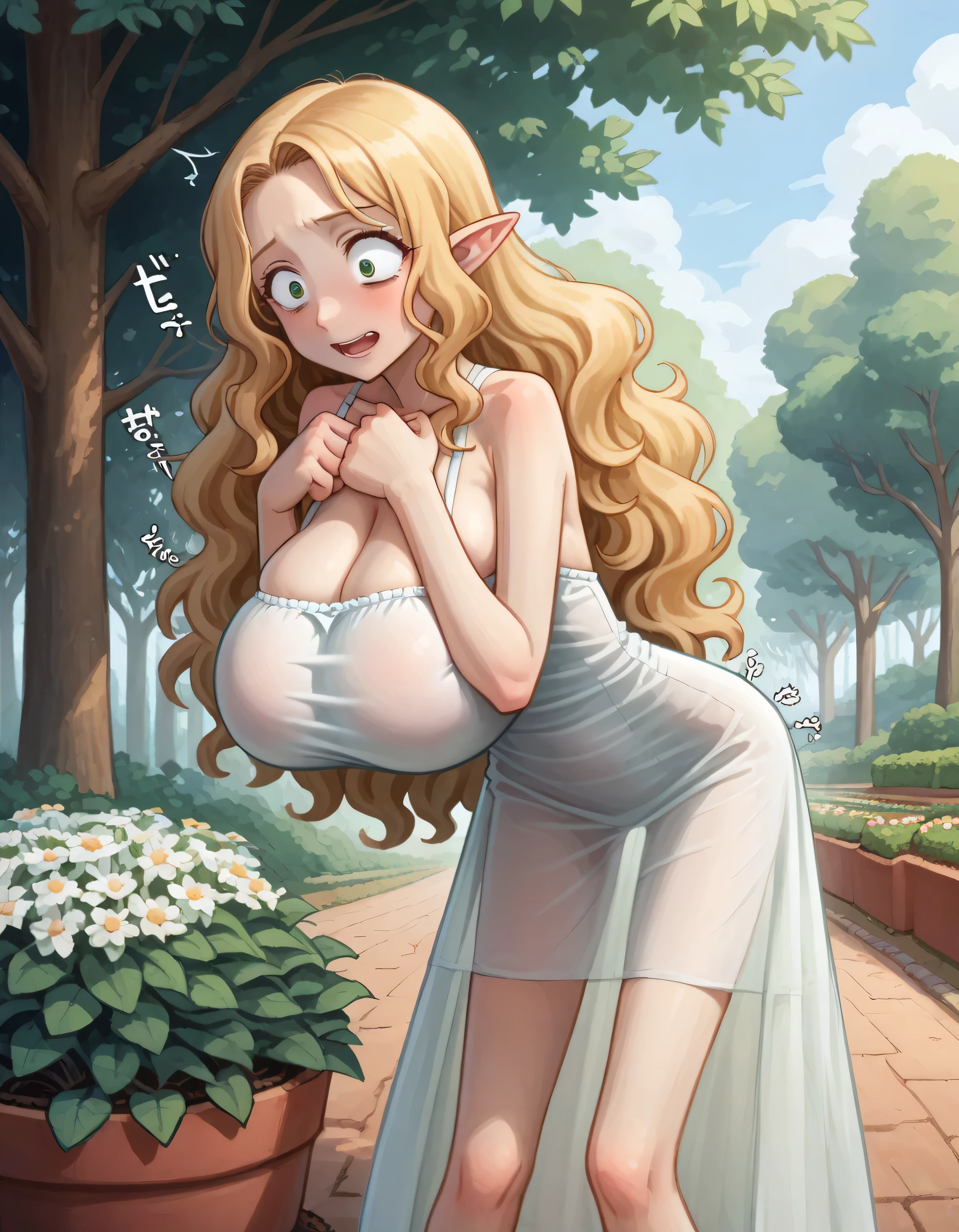 SFW,masutepiece, Best Quality, High resolution, 1girl in, Full body, Details Girl, detail hands, Detail fingers, Detail Face, detail 1girl in, elf, Looking down, Flower Garden, Black sky, smog, watercolor paiting, pale skin, ((very skinny:1.3), Blonde hair, Long hair, Wavy Hair, saddened, mournful smile, Green eyes, tareme, medium breasts, white sundress, Bare back, bending over, Planting trees, short skirt, (tall torso) (extremely large and heavy breasts),( huge covered breasts:1.5),  (pain in her spine emotions), (spine pain sound effects), shocked emotions, hands on top of chest, transparent dress, sunlight shafts through dress, volumetric lighting