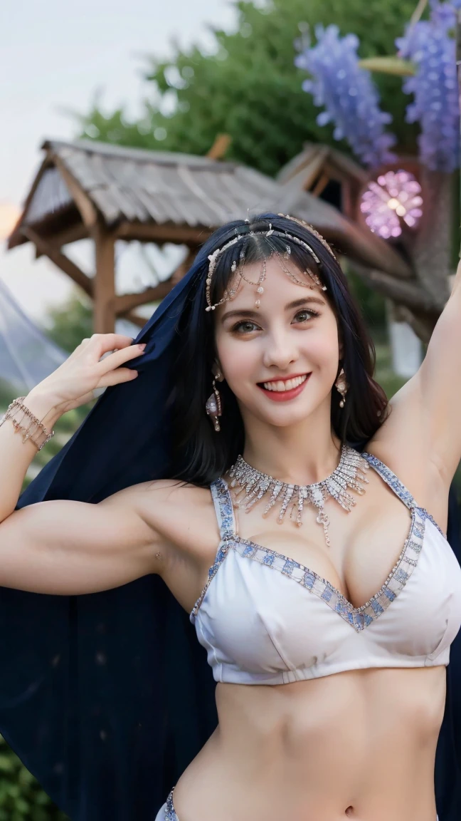 Goergeous, Beautiful, Baby Face, 30 Years Old, White Skin, Colossal Breasts, Cleavage, Blue Belly Dancer Outfit, Headband, Earring, Cloak, ((Muscles:1.3)), Garden Outdoor, Dancing, Firework, Ultra HDR, Huge Smile, Crowd, ((Night:1.3)), (Bokeh)