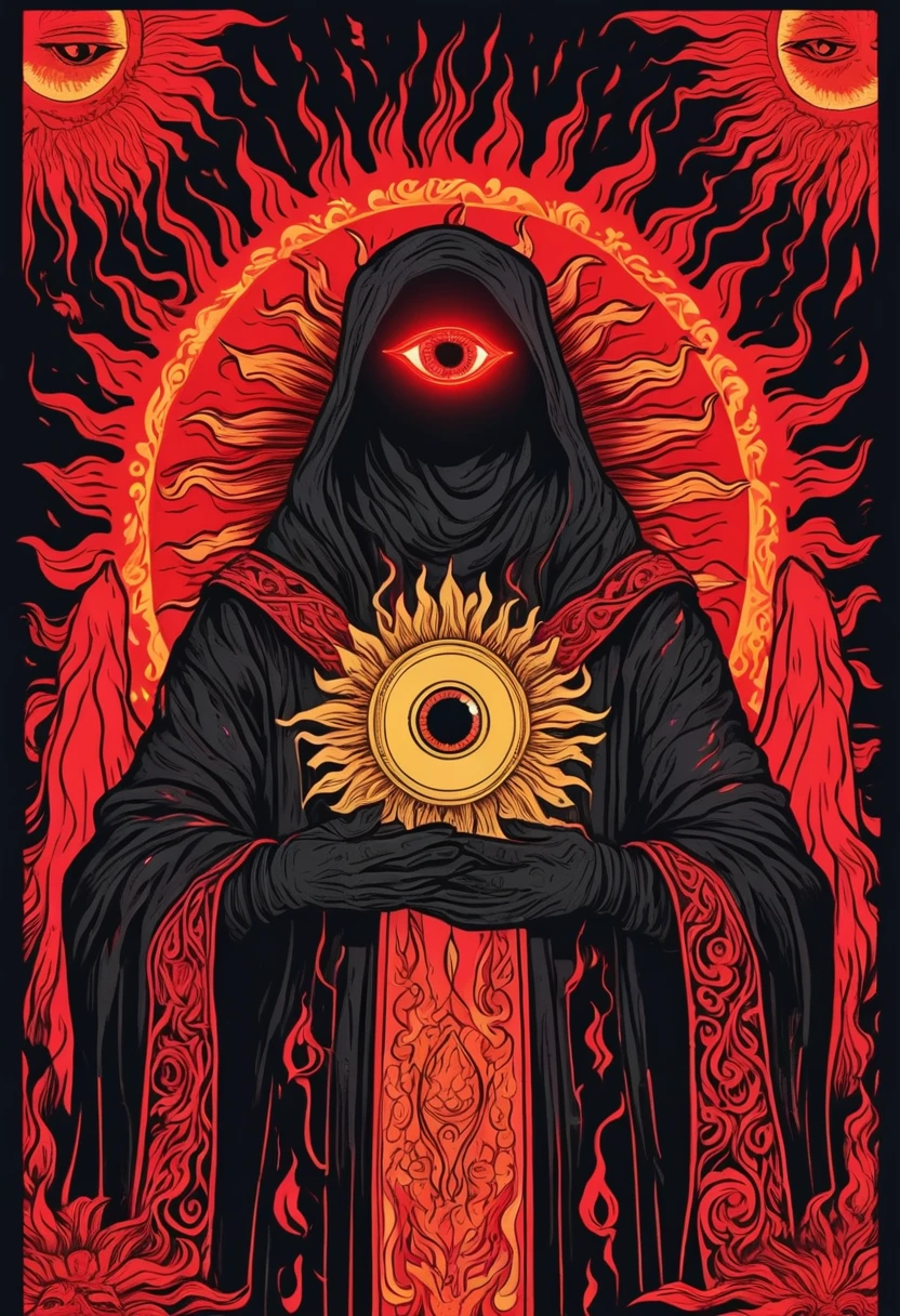 Black light poster, red flames in the background, a sun medallion in its hands, A hand-drawn illustration of an anthropomorphic Wearing black robes and black gloves and holding creature with eyes