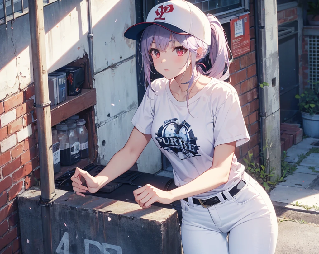 (white short hair)(red eyes)(sitting)(whole body)(Wear casual clothes)(Wear pants)(Drink bubble tea)4K