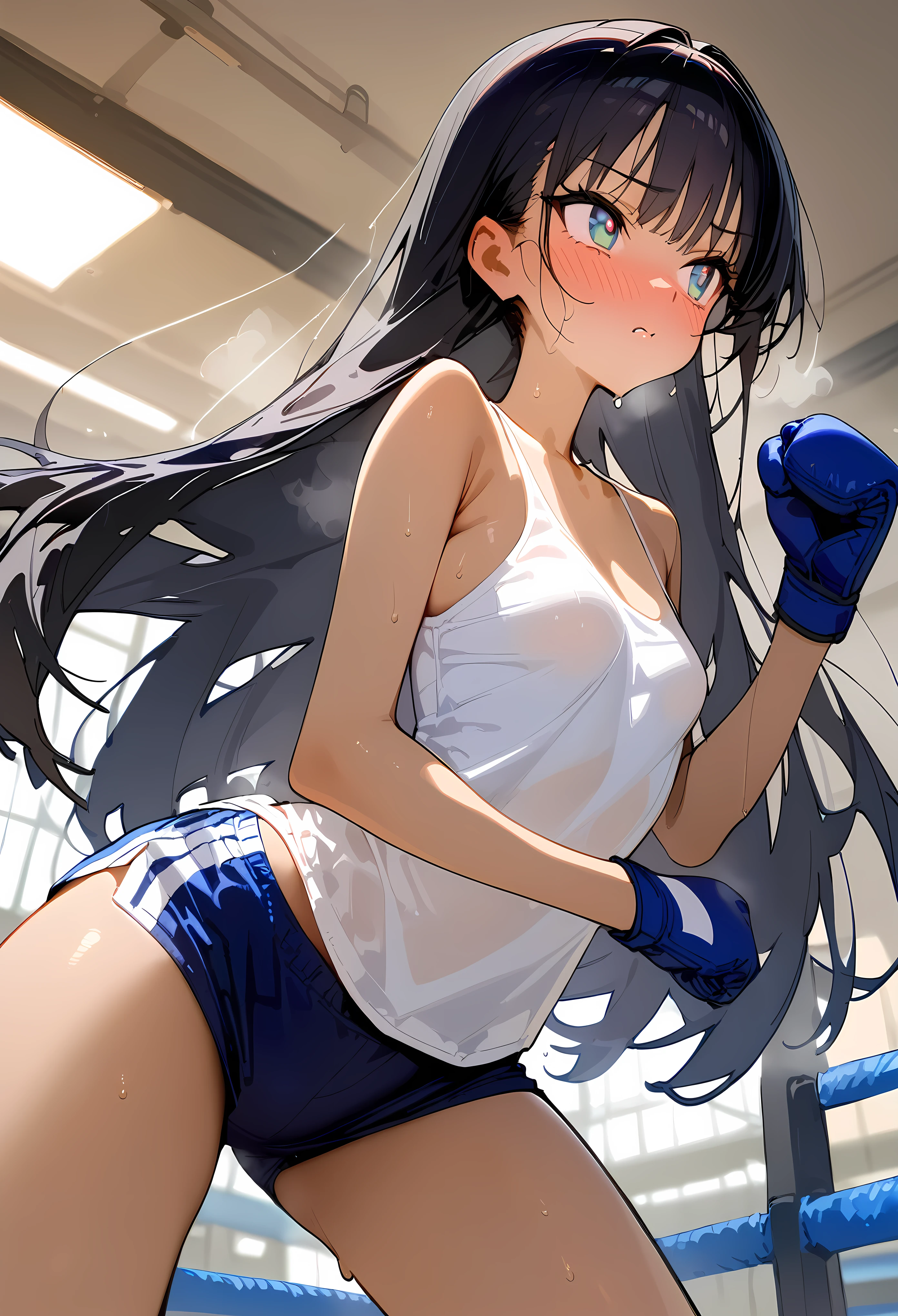 ((masterpiece,best quality anime:1.3,Best Quality)),cowboy shot,portrait,1woman,cowgirl position,(young adult),long straight hair,bangs,black hair,((very small head:1.3)),gray eyes,gorgeous eyes,blush,small breasts,((very long body:1.3)),(White tank top、Navy blue boxer trunks、boxing blue gloves),slender body,skinny,sweat,steaming body,gleaming skin,tan skin,fighting stance,standing,boxing gym、