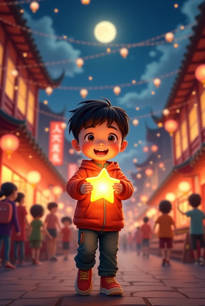Mid-Autumn Festival in Hong Kong,Hong Kong city elements。一轮明亮的满月高悬In the night sky。a cute boy riding a cruise ship,Under the moon,lanterns and art installations adorn the entire environment,Adding a mysterious atmosphere to the festival。In the night sky,Brilliant fireworks bloom,Pushing the entire celebration towards,People look up at the sky,Celebrating the Mid-Autumn Festival。This moment is filled with tradition and celebration,Presenting an unforgettable artistic panorama。