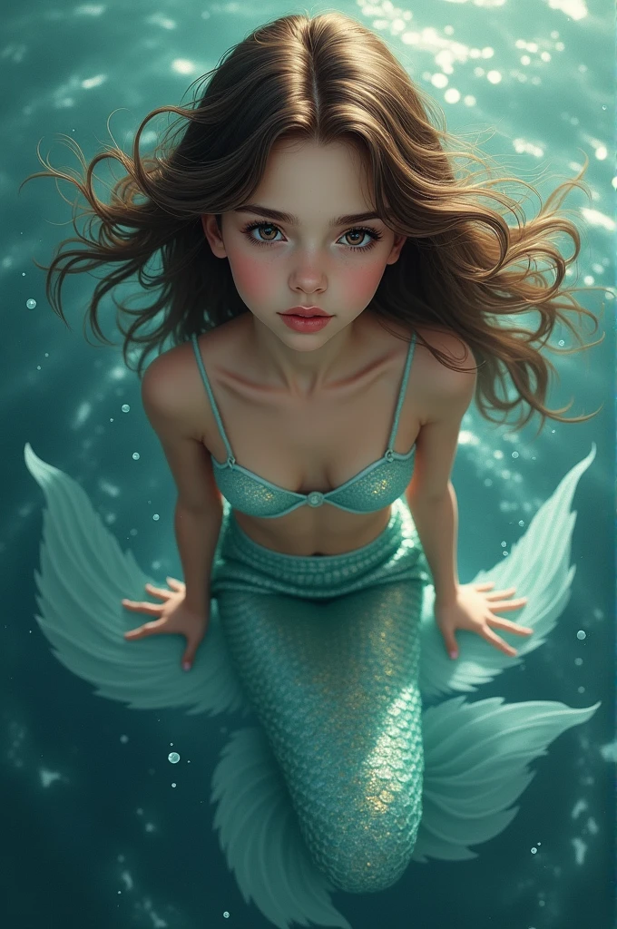 Mermaid underwater brown with round face shape, with visible cheek, fox eyes, big eyelashes and black eyes, curly hair with well-defined curls below the shoulder with black and light brown highlights, mesmerizing beauty and blue tail