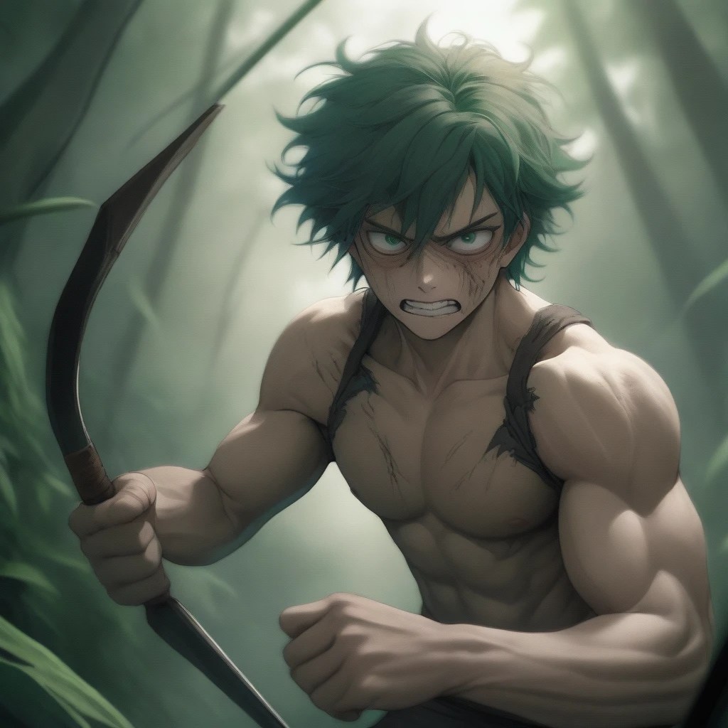 It was a man, with green hair, pink eyes, bare-chested, strong muscles, very large body, and three scars on the right side of his face.