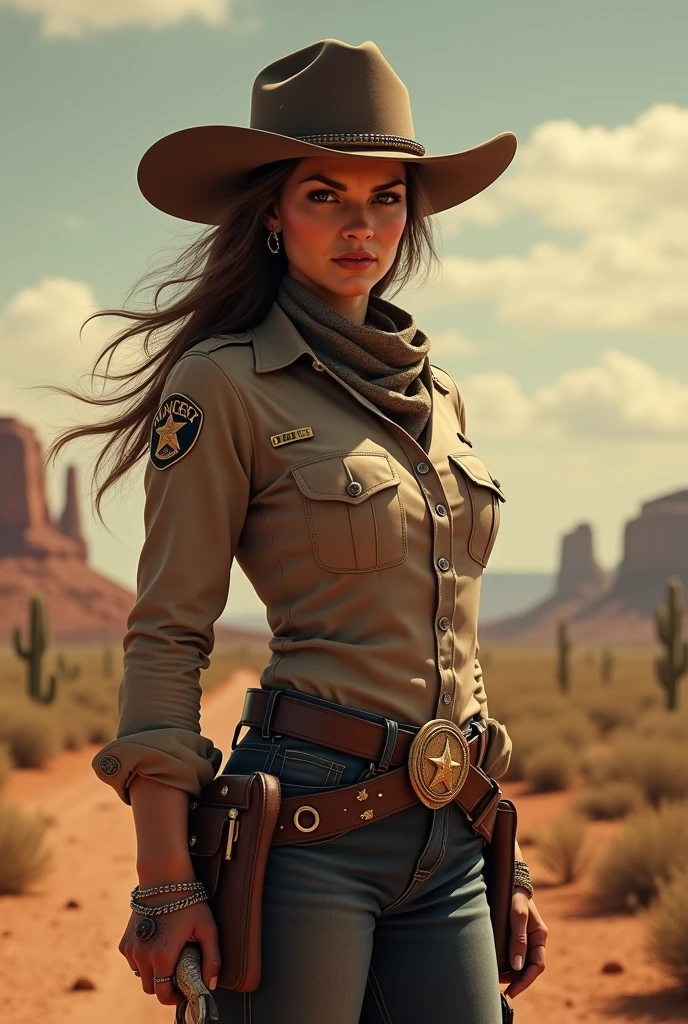 Subject: Photo, playful female sheriff, 1girl, light smile,
Character: ((Rebecca Ferguson))
Quality: masterpiece, best quality, highly detailed, sharp focus, dynamic lighting, vivid colors, texture detail, particle effects, Storytelling elements, narrative flair, 16k, UE5, HDR, subject-background post-apocalypse, dessert, fallout \(series\),
Body: very long hair, amazing body, pronounced feminine feature, busty, black hair, freckles, (large breasts), (thick lips:1.3), BIG breasts, large breasts,
Clothing: sheriff hat, sheriff clothes, trench coat sheriff, open trench coat, brown trench coat,
background: cowboy post-apocalypse,
Style:
Artist:
Additional details: <lora:rebecca_ferguson_20:0.8> rebecca_ferguson