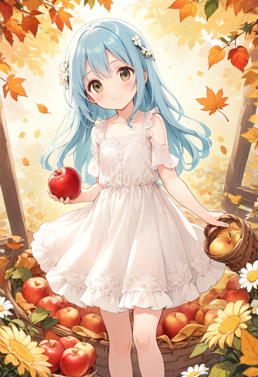 asterpiece, best quality, extremely detailed, (illustration, official art: 1.1), light blue long hair anime girl with apple basket,((((little delicate girl))))),(((tareme))), droopy eyes. (true beautiful:1.2), sense of depth,dynamic angle,,,, affectionate smile, (true beautiful:1.2),,(tiny 1girl model:1.2),)(flat chest), the goddess of autumn harvest, Official art , Autumn flowers , , official artwork, ,  , Anime visuals of cute girls, official illustrations 