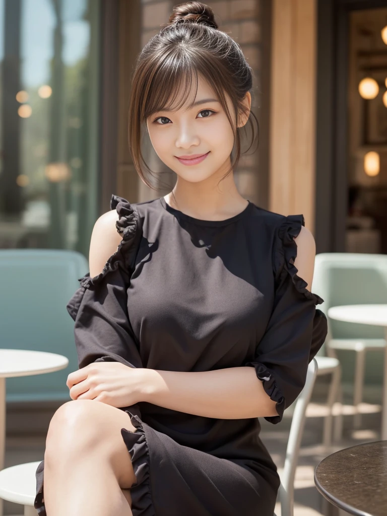 (Early Fall Dates), ((Decorated with ruffles, Dark colored micro mini tight 3/4 sleeve dress)),
View your audience, Japanese female university student, (One Woman:1.2), She is very beautiful, Glowing Skin, Perfect Face, Cute and symmetrical face, Glowing Skin, 
Light Brown Hair, Medium Hair, Wavy Hair, Hair tied up, compensate, 
Beautiful Hair, Beautiful Face, Beautiful attention to detail, Beautiful body, Beautiful breasts, Beautiful thighs, Beautiful legs, Beautiful fingers, 
(In front of a stylish cafe), Beautiful view of the park from the window, Standing, Arms crossed, (Cute smile), (8k, RAW Photos, Best Quality, masterpiece:1.2), (Realistic, Photorealistic:1.4), Very detailed, Shallow depth of field, Perfect Anatomy, Perfect limbs, Perfect hands, Perfect Eyes, Perfect body, smile, Double eyelids, (Natural Side Lighting, Cinema Lighting), 