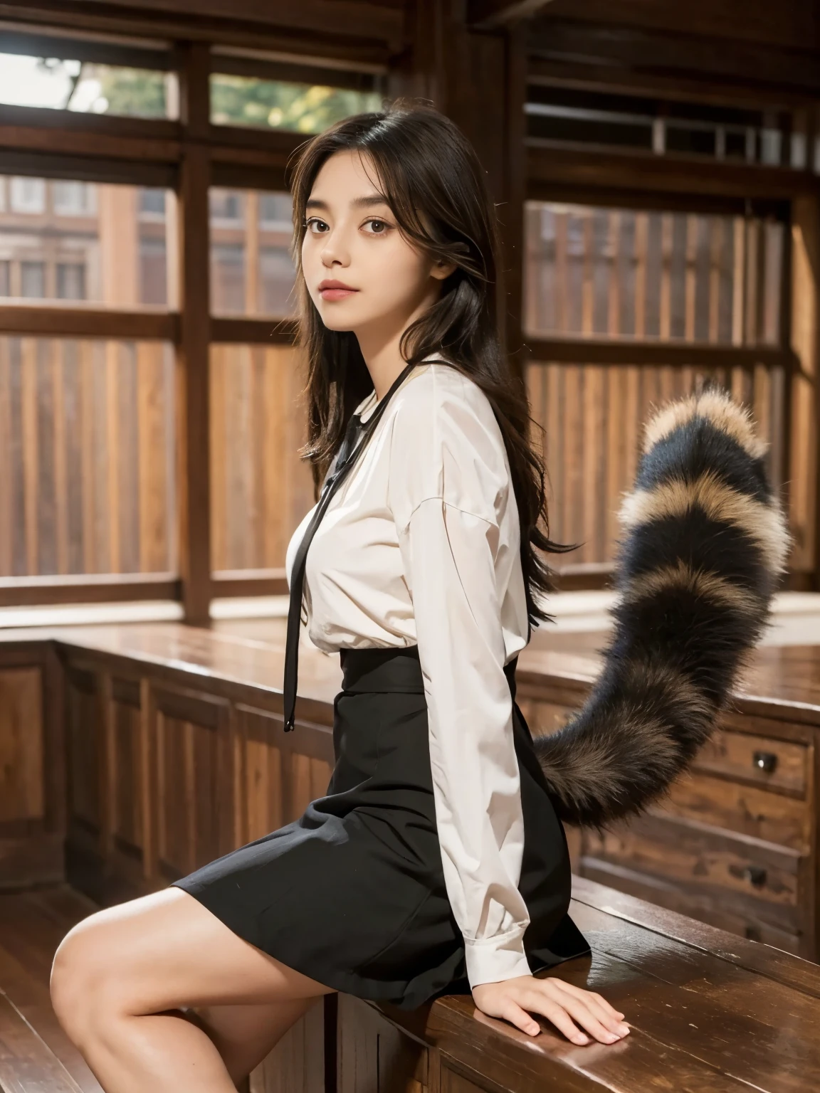 ((highest quality, 32k)), ((masterpiece)), (Familiar), Perfect Face, vixen, Pretty girl, Company Office, Has a tail, She has a northern fox tail., She stands up her fluffy tail, Dog collar, Beautiful hip line, Big Breasts, She wears a business suit, A big tail sticks out, smile, Climb on all fours, Nice body