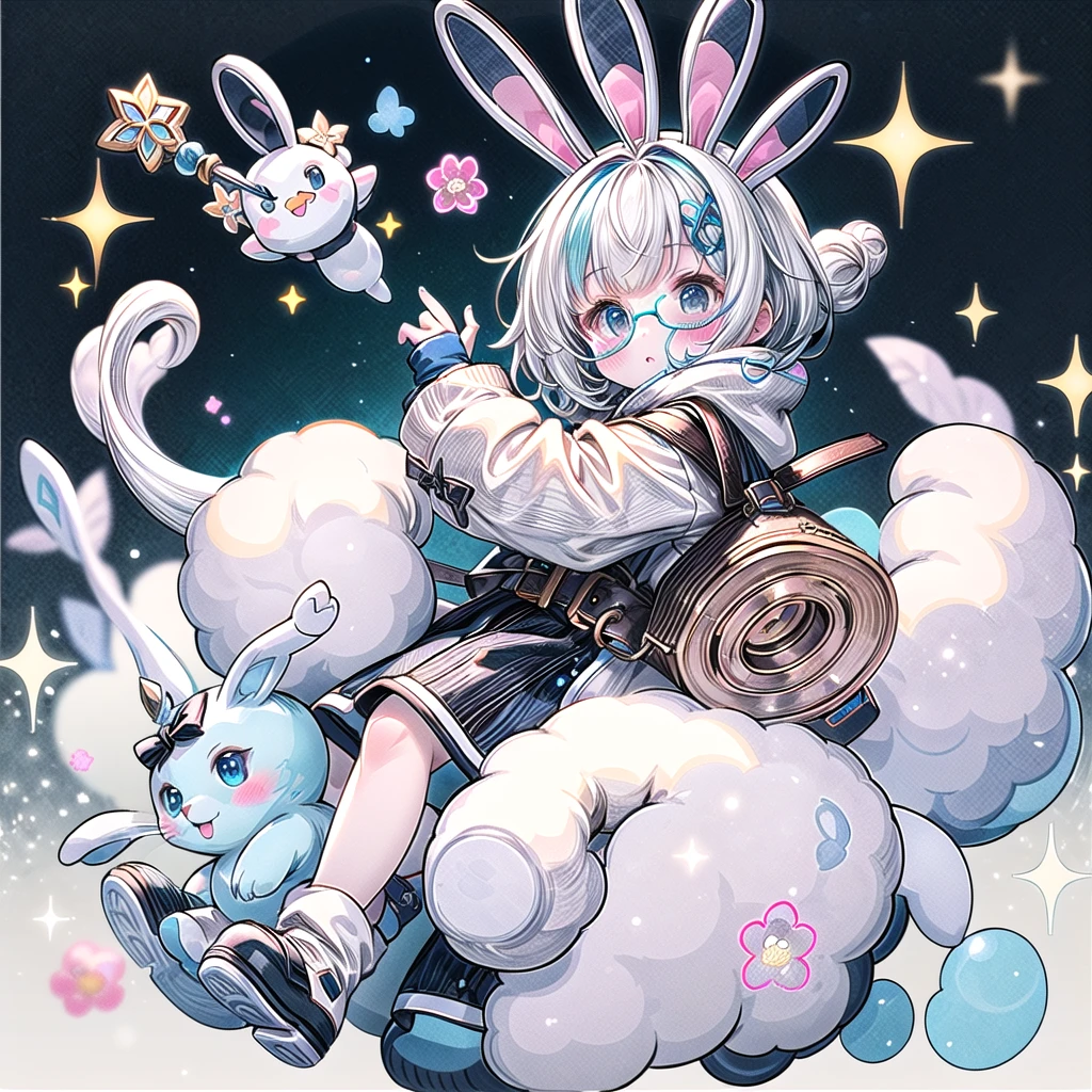 A cute little guy wearing a rabbit costume、fluffy、Loose、pastel colour、Highest quality、Masterpiece、Milky white hair color、kawaii tech,