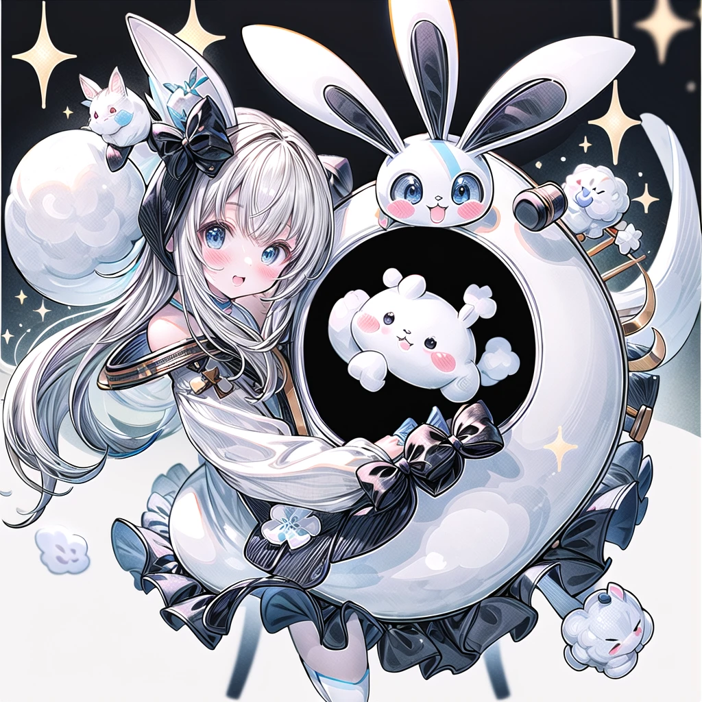 A cute little guy wearing a rabbit costume、fluffy、Loose、pastel colour、Highest quality、Masterpiece、Milky white hair color、kawaii tech,