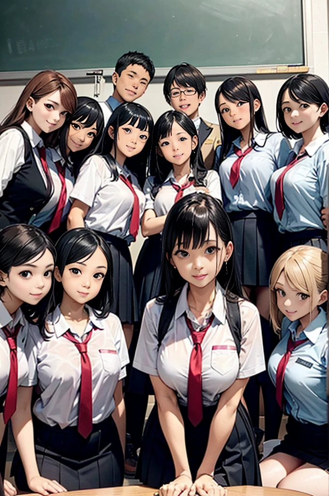 Perfect anime illustration, 100 Girls, all girls are sisters, The sisters are close together, Sisters in the background, Matching hairstyles, Brown Hair, Curly Hair, Matching hairstyle, ),((Red tie:1.5)),((High School Uniform:1.2, White shirt, Short sleeve shirt、Navy Blue Skirt)), ((In a school classroom)), High resolution, whole body