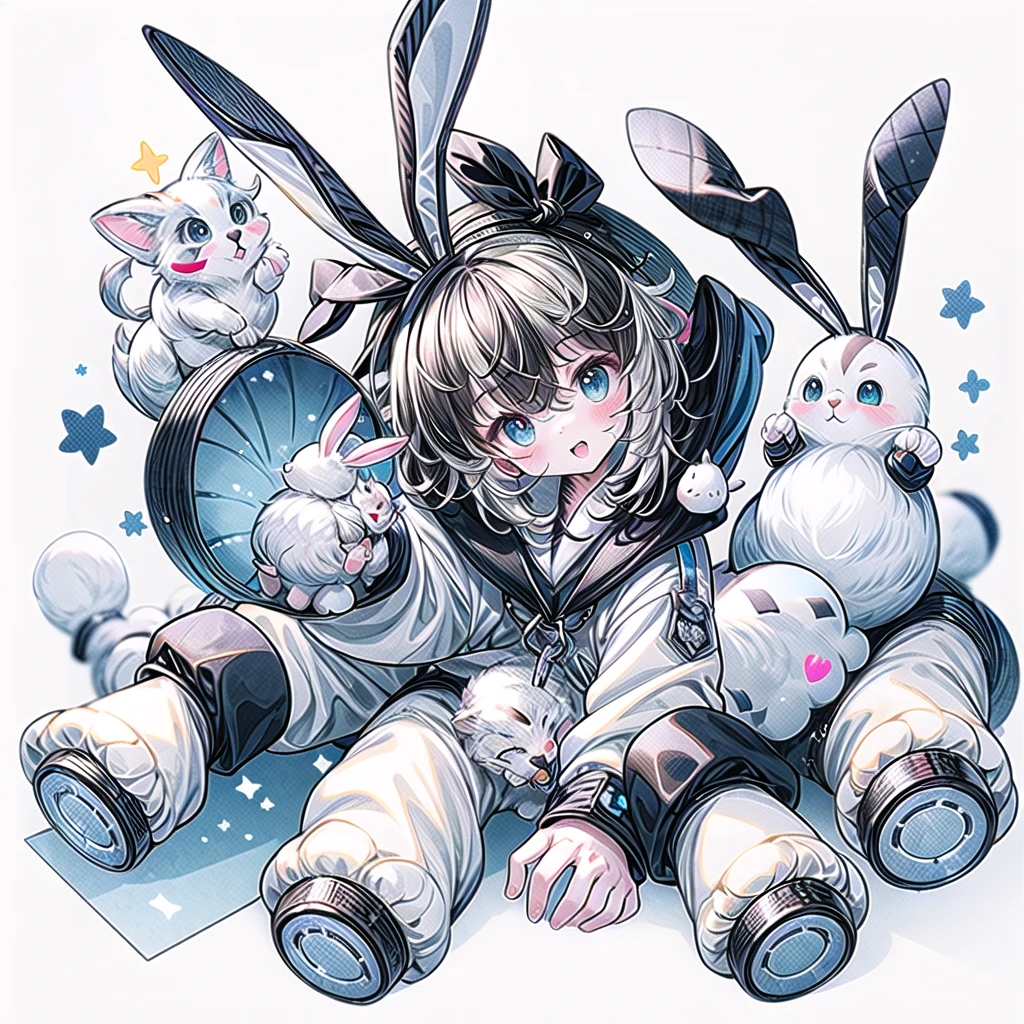 A cute  guy wearing a rabbit costume、fluffy、Loose、pastel colour、Highest quality、Masterpiece、Milky white hair color、kawaii tech,