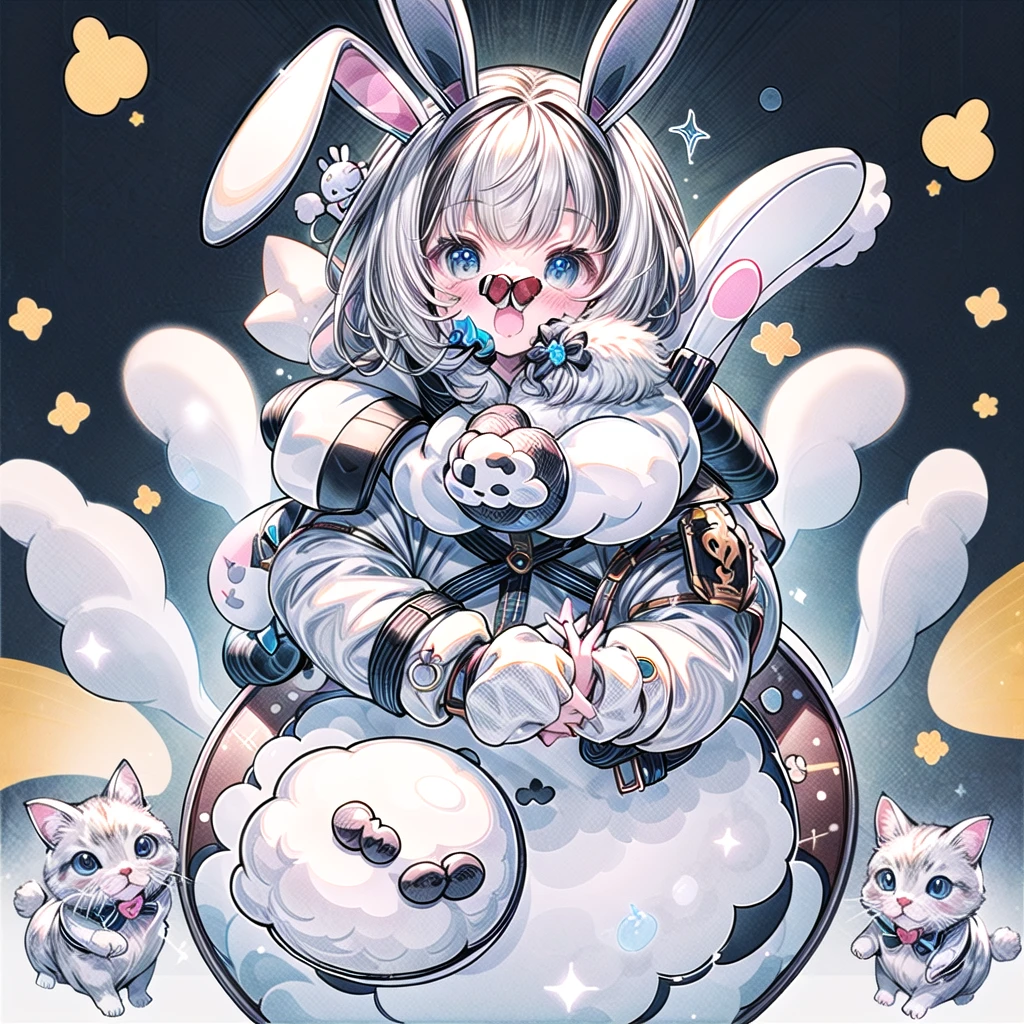 A cute little guy wearing a rabbit costume、fluffy、Loose、pastel colour、Highest quality、Masterpiece、Milky white hair color、kawaii tech,