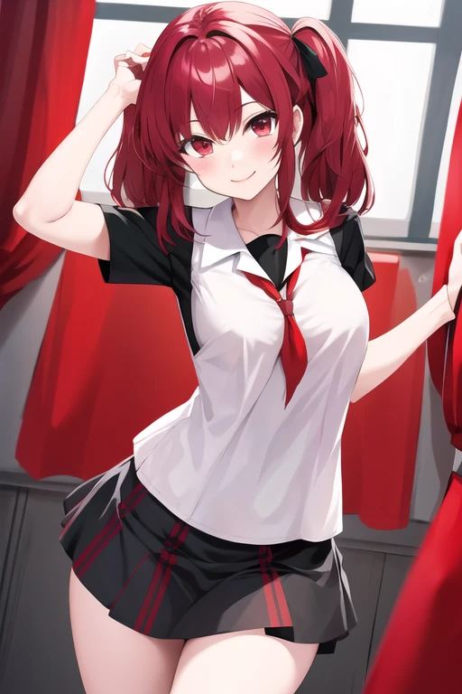 High school girl　Private room　whiteＹshirt　red and black checked skirt　Looking at this　smile　noon　cute　masterpiece, Best Quality, High resolution　Yandere