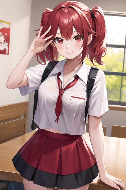 High school girl　Private room　whiteＹshirt　red and black checked skirt　Looking at this　smile　noon　cute　masterpiece, Best Quality, High resolution　Yandere