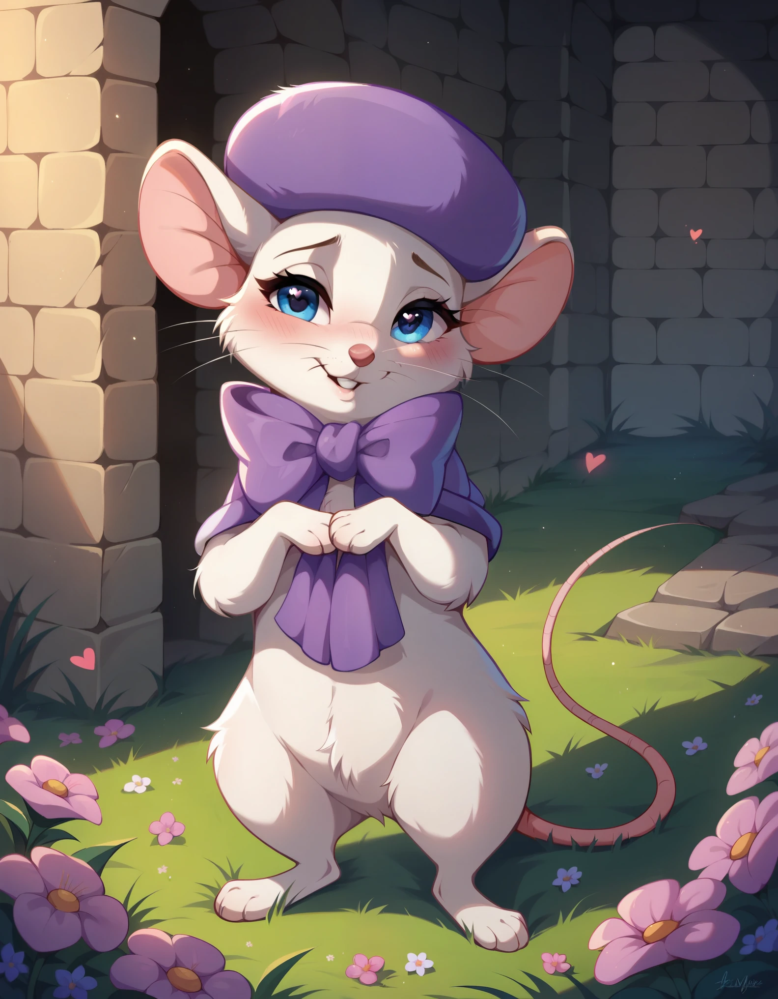 (((score_9, score_8_up, score_8, furry, female, feral))), (((solo, bianca, mouse, purple hat, purple bow, white fur, tail,))), (((whiskers, blue eyes, eye lashes, crotch tuft, white fur, chest tuft))), rodent, teeth (masterpiece, best quality, hires, high resolution:1.2, detailed background), (((dungeon, flowers, grass))), heart, (((pleasured, cute, detailed eyes, bedroom eyes))), (((pleasured))), (((panting, crotch, crotch))), (((hearts, shy, shy, shy))), (((love, blushing, feral, feral))),