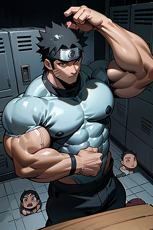 Naruto Uzumaki and Iruka Sensei in a locker room being brainwashed by Sasuke's Sharingan to be a big dumb muscle thrall with slumped shoulders and slack jaw saying, "Bigger ... dumber.... Must ... obey ... Uchihah Clan.... Yes, Master Sasuke, ... I am too stupid to lead. I am your dumb muscle thrall. I obey.... Stare. Sink. Dumb. Obey. Flex. Serve. Grow. Obey. I obey.... We obey.... Obey Master Uchihah...." Hyper muscles. Big biceps. Big triceps. Big traps. Broad shoulders. Big meaty pecs. Big deltoids. Hyper swollen crotch bulge. Bro. Meathead. Musclehead. Dumber and dumber. IQ drain. Brainwash. Brainwashed. Brainwashing. Hypnosis. Hypnotized. Trance. Entranced. Brute. Brutification. Hairy chest. Hairy armpits. Treasure trail. Stubble. Muscle. Obedient thrall. stupid. vapid. Stupid stare. vapid stare. 