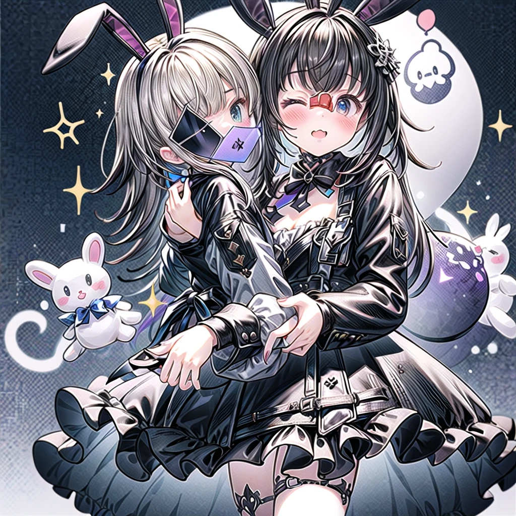 Cute girl、Black dress、Flared cuffs、Long sleeves、A gothic bunny doll in one hand、Purple、