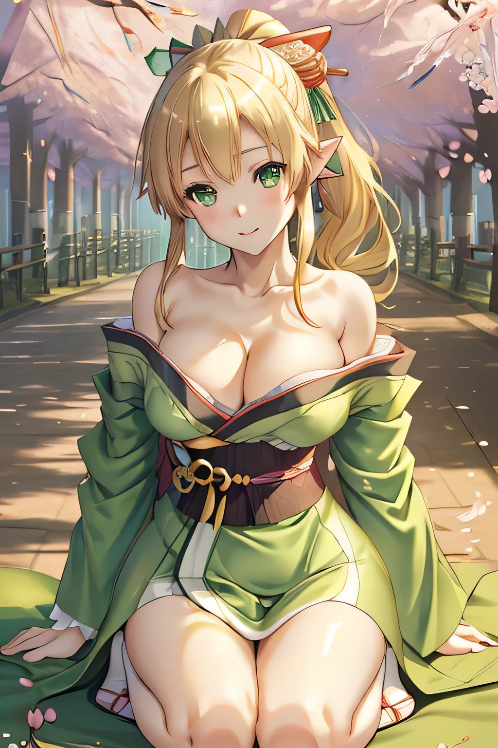 close up 1girl in, photo of leafa, Kirigaya Suguha, Solo, (straight blonde hair, ponytail, very long blonde hair, vivid green eyes), (perfect clear skin, pale skin, detailed skin, massive breasts, round breasts, Cleavage, perfect body), (thin hips, thin waist: 1.25), neutral face, cute smile, elf ears, (undressing a kimono, kimono falling off shoulder, grabbing a clothes: 1.5), (high detailed park with cherry blossoms, kneeling: 1.3), (realistic photo, best quality, detailed), (8k wallpaper), (cinematic lighting, beautiful light, (day:1.3)) (sharp focus, intricate), (dslr, realistic, looking at viewer, sharp focus, delicate, soft colors, cinematic)