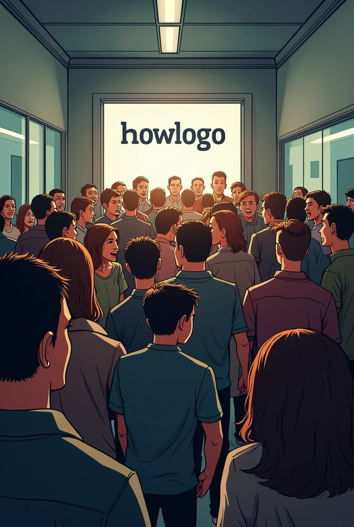 A crowd of surprised entered the building and standing opposite of reception, on the wall of reception "Howlogo" is written,