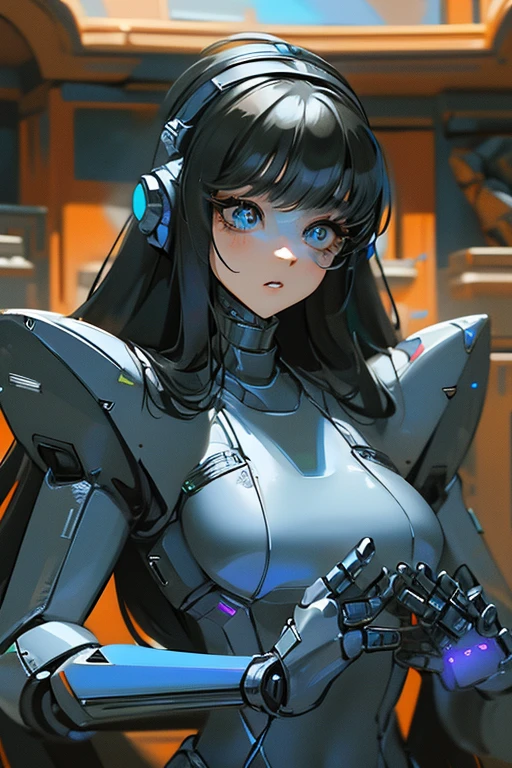 (masterpiece),(Highest quality),(Super detailed),(Best illustrations),(Best Shadow),(Absurd),(Detailed Background),(so beautiful), 16K, 8K, 4K,(Best Shadow),empty eyes,robotization,woman ,big bust,Robot Joint ,Metal skin,Black Suit,long hair,a black suit that covers the whole body,robot hand,cyber bodysuit,mecha head,cyborg eye,robotization, transforming into robot,(Detailed hands and fingers:1.2),robotic helmet