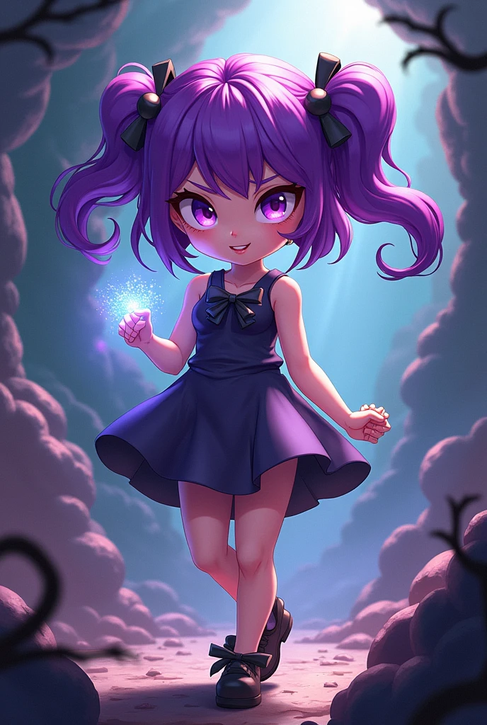 1girl, ghost, dark skin, angry smile, fangs,small breasts, floaty hair, short hair, black hair, purple eyes, purple haze, purple ghost dress, haunted house, masterpiece quality, ultra HD, 4K, best quality, 
