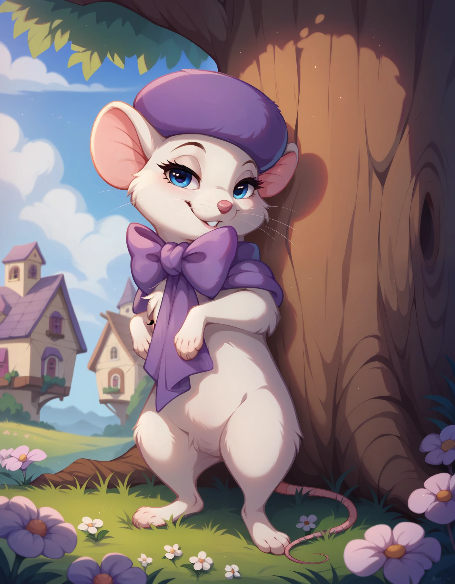 (score_9, score_8_up, score_8, furry, female, feral), (solo, solo, bianca, mouse, purple hat, purple bow, white fur, tail,), (whiskers, blue eyes, eye lashes, crotch tuft, white fur, chest tuft), rodent, teeth (masterpiece, best quality, hires, high resolution, detailed background), (house, flowers, grass), (cute, detailed eyes, bedroom eyes), (feral, feral), full standing on back feet, leaning the tree