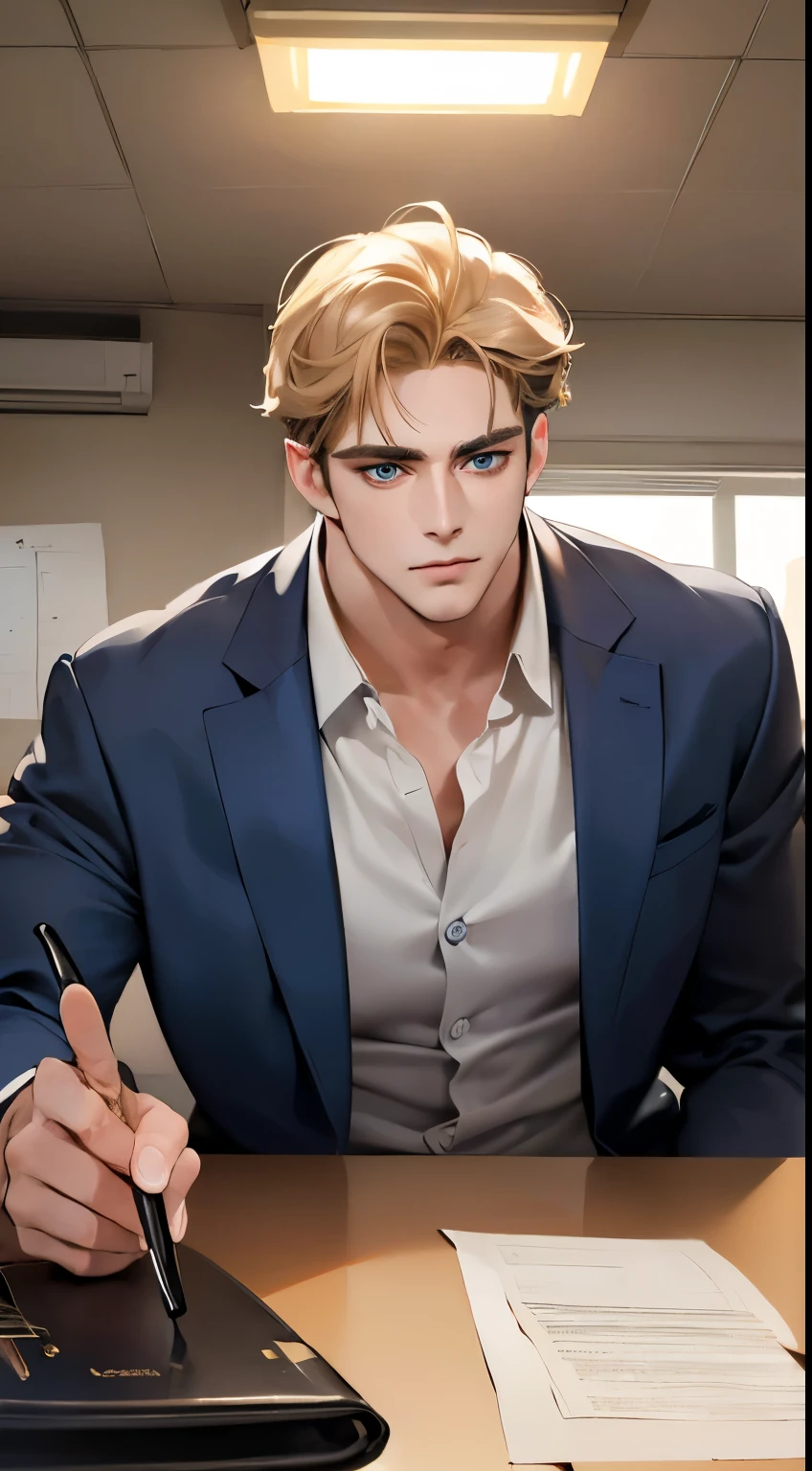 (best quality, masterpiece, 8K, photorealistic, cinematic lighting, hdr image, ultra detailed, beautiful image), 1 man, 3, mature man, very handsome, (without expression, serious), short golden hair, blue grey eyes ( penetrating gaze), perfect face without errors, imposing posture, without errors, businessman, office background