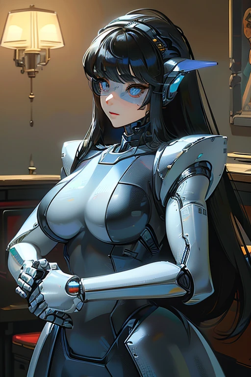 (masterpiece),(Highest quality),(Super detailed),(Best illustrations),(Best Shadow),(Absurd),(Detailed Background),(so beautiful), 16K, 8K, 4K,(Best Shadow),empty eyes,robotization,woman ,big bust,Robot Joint ,Metal skin,Black Suit,long hair,a black suit that covers the whole body,robot hand,cyber bodysuit,mecha head,cyborg eye,robotization, transforming into robot,(Detailed hands and fingers:1.2),robotic helmet