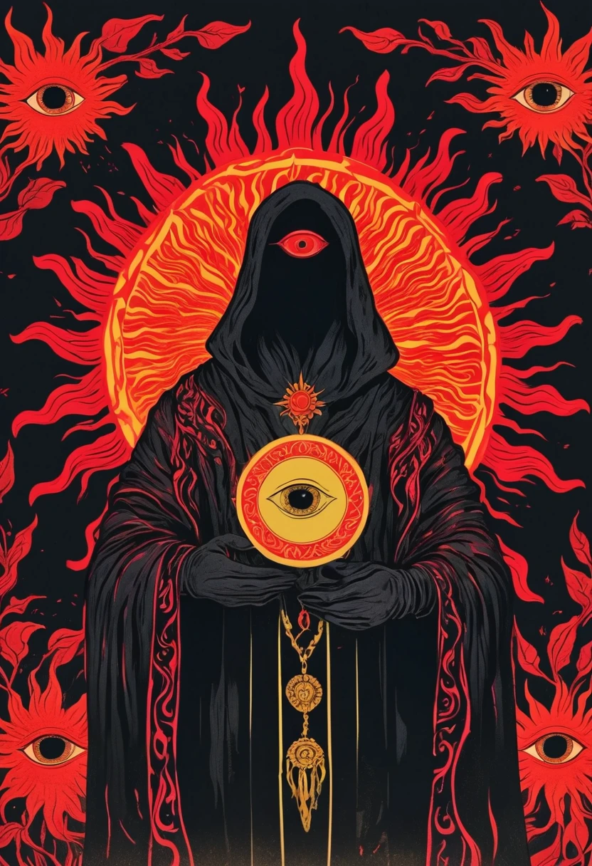 Black light poster, red flames in the background, a sun medallion in its hands, A hand-drawn illustration of an anthropomorphic Wearing black robes and black gloves and holding creature with eyes