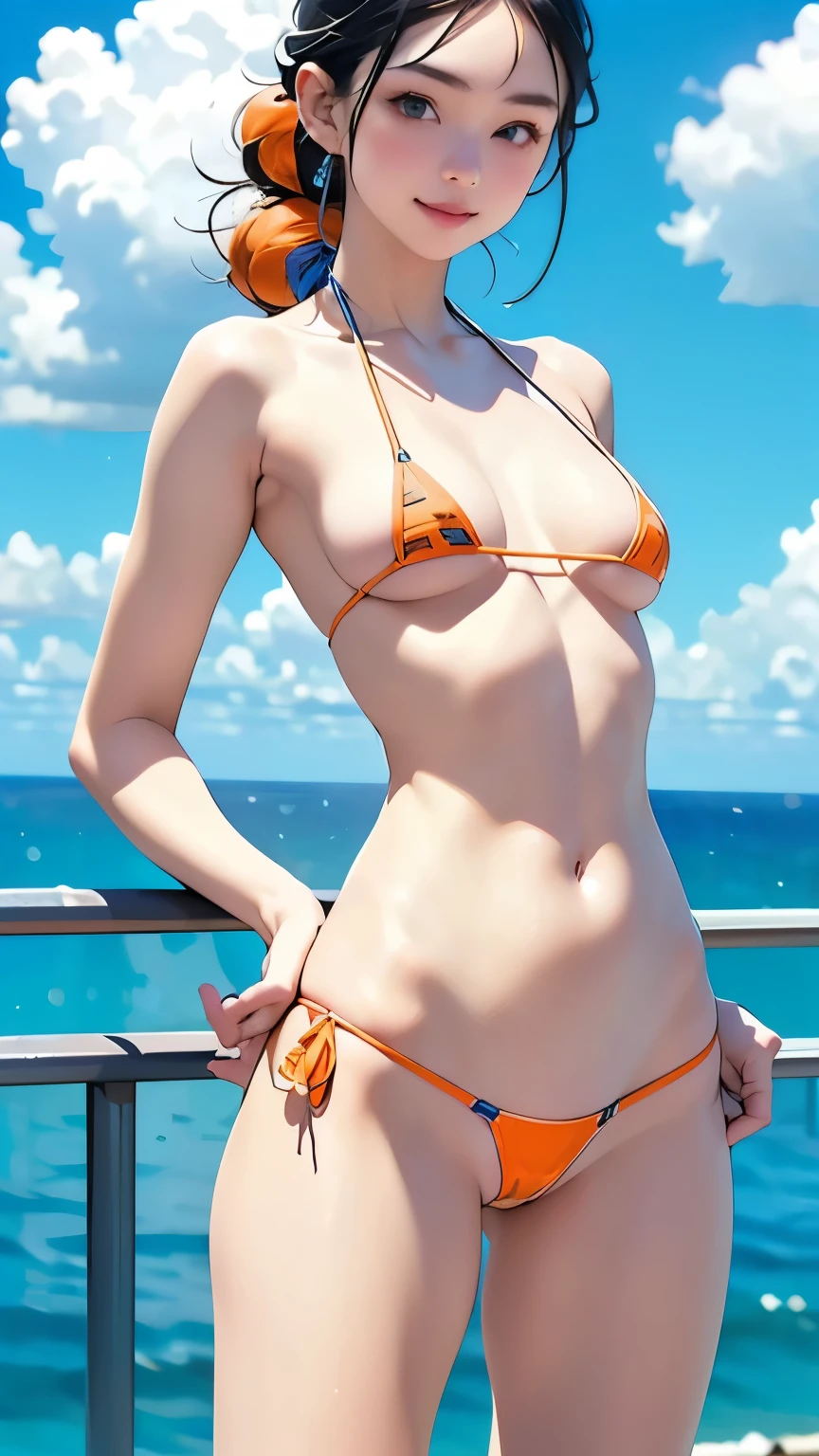 (Best Quality、masterpiece、High resolution)、4K Anime Art、((1 person))、(Beautiful Japanese Women、20 years old)、((whole body))、(Natural standing posture)、 (Detailed depiction of a beautiful face)、smile、Small breasts、Slim figure、Silver Hair、French Braid、Green Eyes、(Blue and orange micro bikini:1.48、Ethnic print micro bikini:1.48、Micro bikini with no fabric:1.5)、(Blue sky background)、((Sea, sky and white clouds background))、
