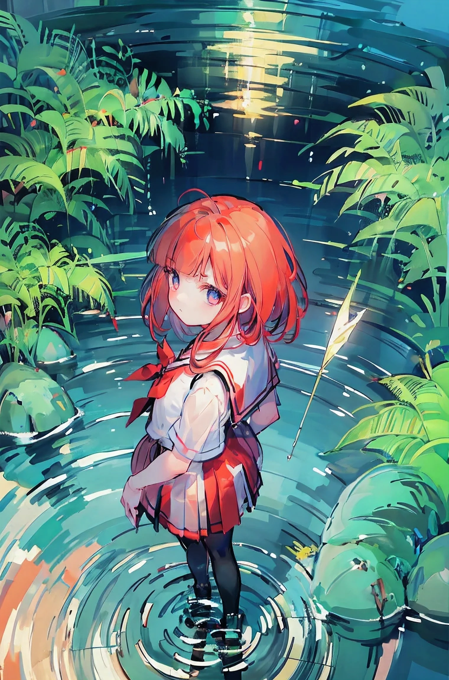 High resolution, (masterpiece:1.4), Very detailed, One junior high school student,night,Fantasy,See-through school uniform,Standing quietly,Toddler with a waiting list(),Makima-chan、Red Hair, View from above, lighting, -0 hours