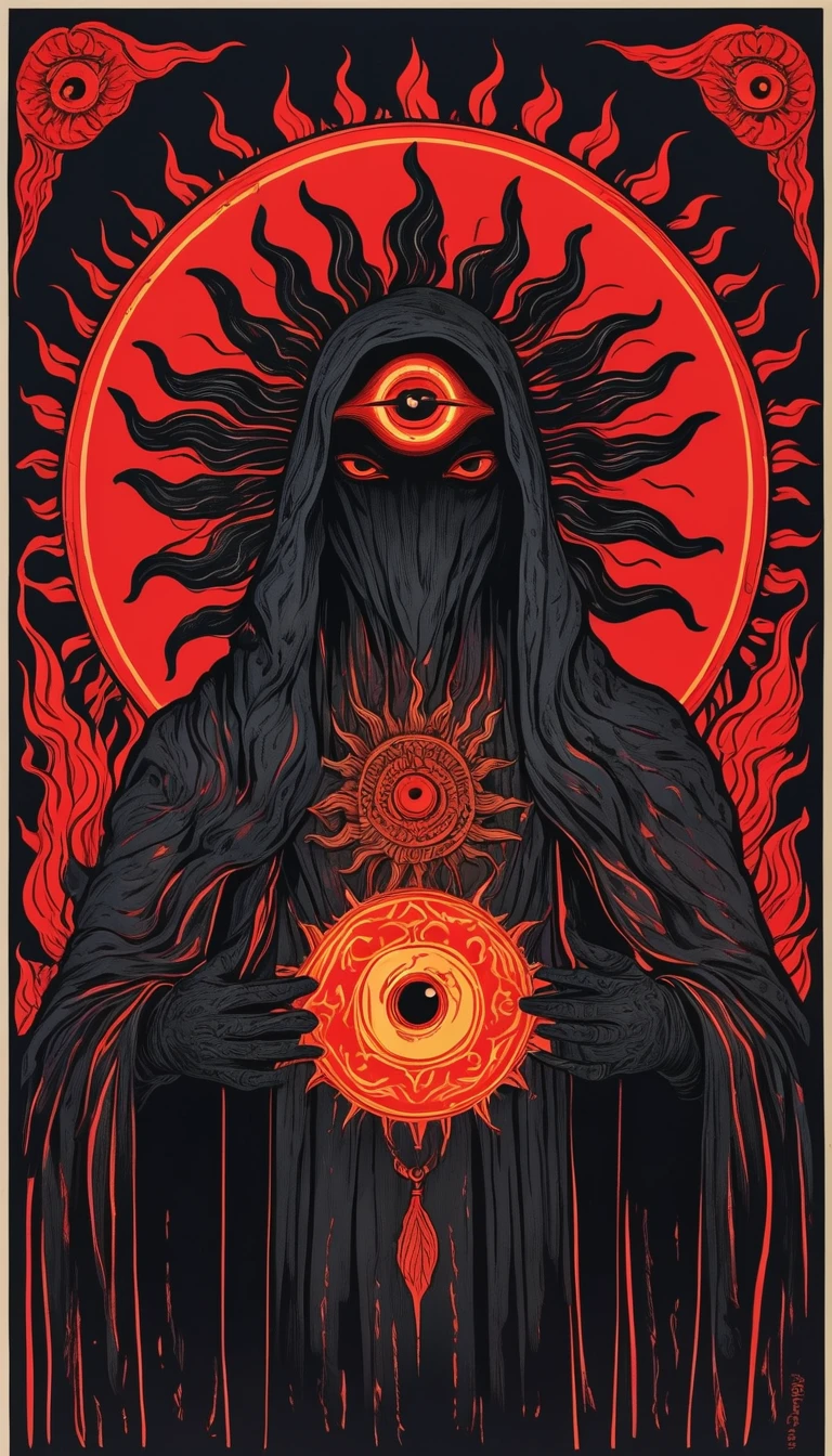 Black light poster, red flames in the background, a sun medallion in its hands, A hand-drawn illustration of an anthropomorphic Wearing black robes and black gloves and holding creature with eyes