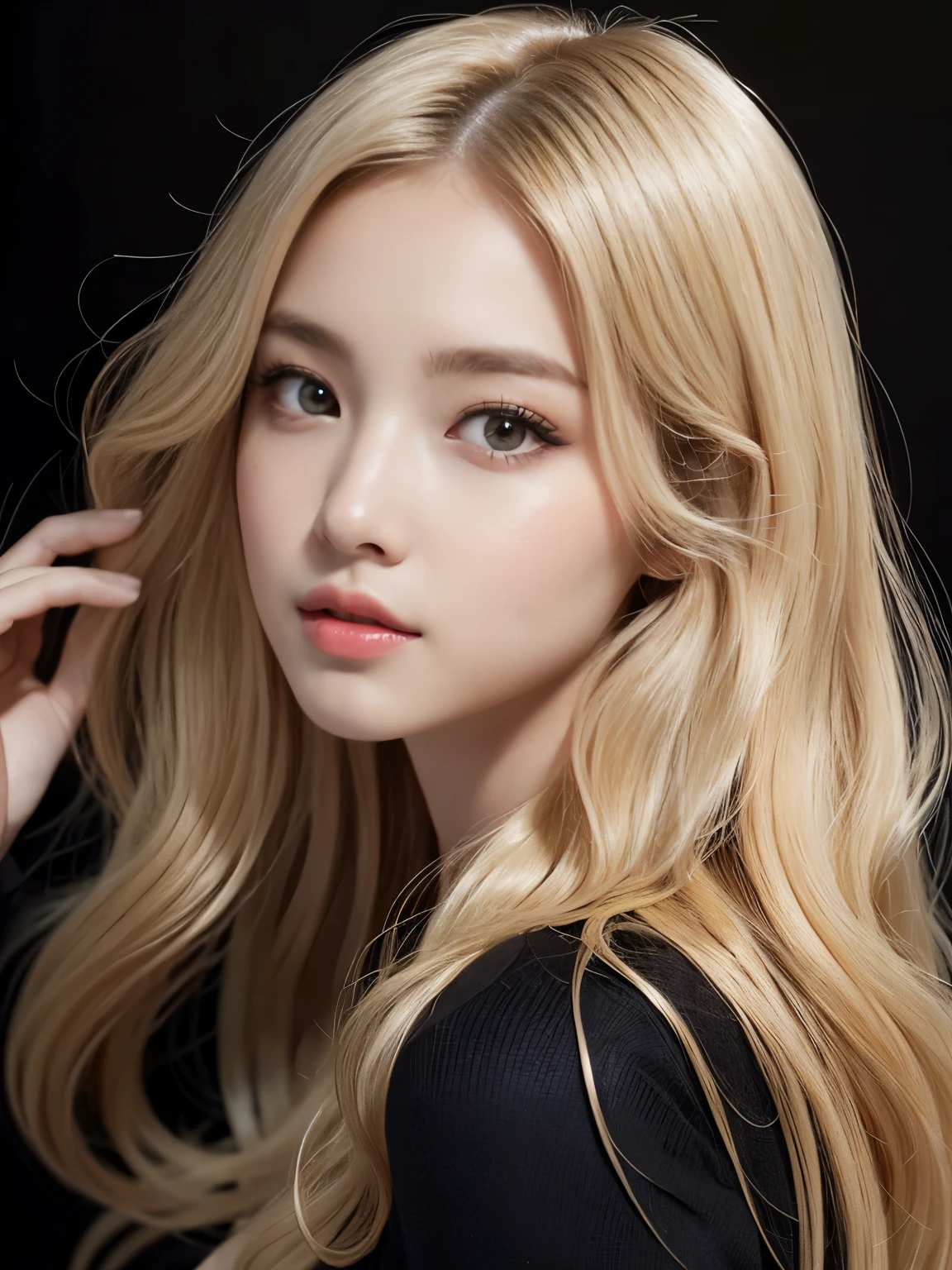 ((((blonde、Super long hair、とてもLong Hair、Fluffy Wave、Black background、blonde、Look forward、Nordic)))))))、blonde、Tabletop, Highest quality, Photorealistic, In detail, High resolution, 8k wallpaper, Perfect dynamic composition, Beautiful attention to detail, Long Hair, Big ample breasts、24-years-old、(Droopy Eyes 1.4)、Adult Beauty、Japanese、Big Breasts