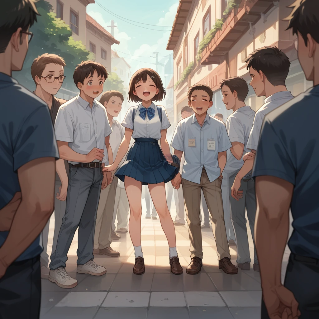 Sixth grade boys touching the legs of a second grade girl, Women's skirts, The girl is terrified., Several guys touching a girl&#39;s legs, Multiple guys touching a girl&#39;s pussy, Several boys flipping up a girl&#39;s skirt, Multiple guys fingering a girl