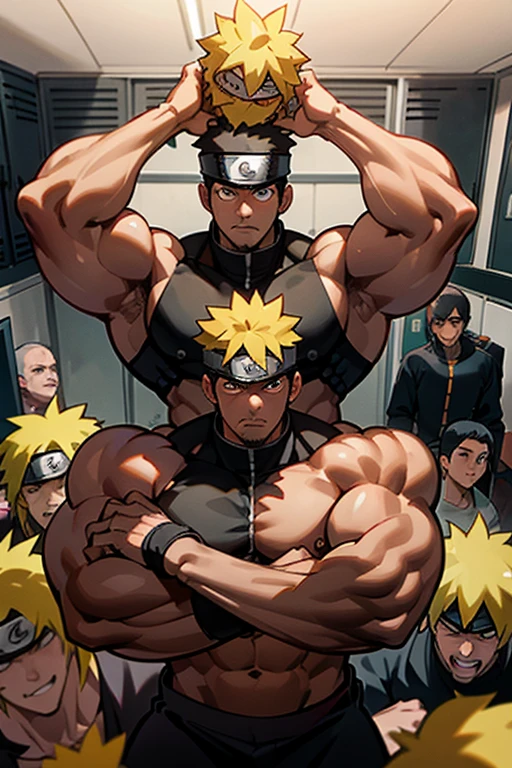 Naruto Uzumaki and his shadow clones stand in a locker room being brainwashed by Sasuke's Sharingan to be big dumb muscle thralls with slumped shoulders and slack jaws saying, "Bigger ... dumber.... Must ... obey ... Uchihah Clan.... Yes, Master Sasuke, ... I am too stupid to lead. I am your dumb muscle thrall. I obey.... Stare. Sink. Dumb. Obey. Flex. Serve. Grow. Obey. I obey.... We obey.... Obey Master Uchihah...." Hyper muscles. Big biceps. Big triceps. Big traps. Broad shoulders. Big meaty pecs. Big deltoids. Hyper swollen crotch bulge. Bro. Meathead. Musclehead. Dumber and dumber. IQ drain. Brainwash. Brainwashed. Brainwashing. Hypnosis. Hypnotized. Trance. Entranced. Brute. Brutification. Hairy chest. Hairy armpits. Treasure trail. Stubble. Muscle. Obedient thrall. stupid. vapid. Stupid stare. vapid stare. 