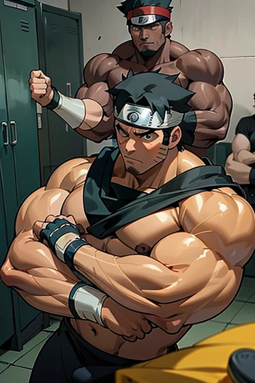 Naruto Uzumaki and his shadow clones stand in a locker room being brainwashed by Sasuke's Sharingan to be big dumb muscle thralls with slumped shoulders and slack jaws saying, "Bigger ... dumber.... Must ... obey ... Uchihah Clan.... Yes, Master Sasuke, ... I am too stupid to lead. I am your dumb muscle thrall. I obey.... Stare. Sink. Dumb. Obey. Flex. Serve. Grow. Obey. I obey.... We obey.... Obey Master Uchihah...." Hyper muscles. Big biceps. Big triceps. Big traps. Broad shoulders. Big meaty pecs. Big deltoids. Hyper swollen crotch bulge. Bro. Meathead. Musclehead. Dumber and dumber. IQ drain. Brainwash. Brainwashed. Brainwashing. Hypnosis. Hypnotized. Trance. Entranced. Brute. Brutification. Hairy chest. Hairy armpits. Treasure trail. Stubble. Muscle. Obedient thrall. stupid. vapid. Stupid stare. vapid stare. 