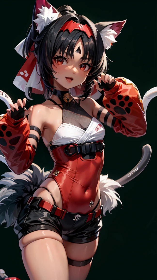 masterpiece,official art,extremely detailed cg unity 8k wallpaper,highly detailed,absurdres,8k resolution,1girl, solo, breasts, looking at viewer, smile, short hair, open mouth, bangs, black hair, red eyes, long sleeves, white background, animal ears, bare shoulders, standing, tail, :d, thighs, multicolored hair, cowboy shot, hairband, small breasts, detached sleeves, shorts, fang, puffy sleeves, cat ears, dark skin, leotard, red ribbon, dark-skinned female, cat tail, animal ear fluff, hands up, short shorts, bell, covered navel, thigh strap, black shorts, cat girl, multiple tails, jingle bell, neck bell, puffy long sleeves, red hairband, claw pose, paw print