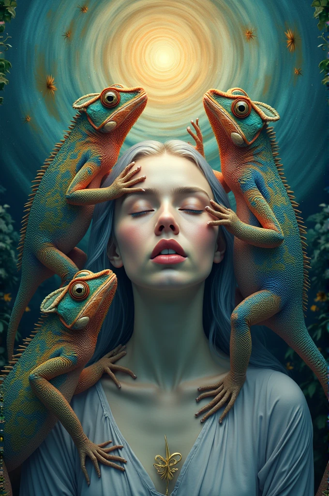 In this realistic photography, a wide-angle shot captures a scene where a monstrous creature and a woman stand side by side. The monster has transparent fur, revealing its colorful and luminous innards in an x-ray art style. Its intricate and detailed design evokes a sense of mystery. The woman, also illuminated with vibrant colors, has an otherworldly aura. The composition and exposure create an atmosphere reminiscent of the style of Alex Grey. Both the monster and the woman seem to possess an ethereal quality, blurring the line between reality and imagination."