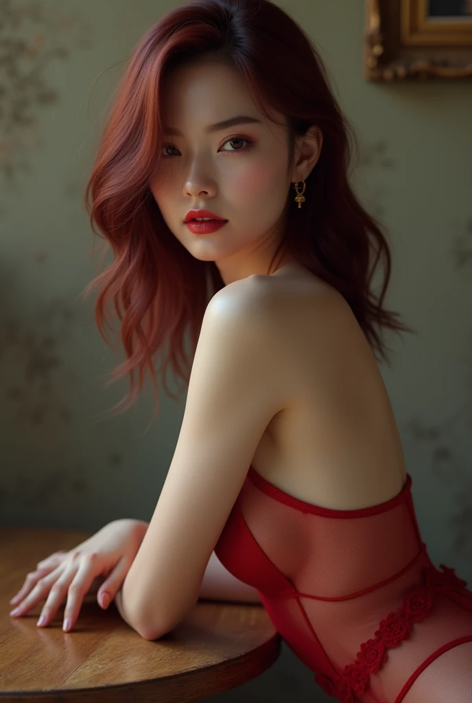 Create a photo realistic high quality image with vibrant colors of a read headed beautiful amd sexy asian female. Perky beautiful bare breasts. Perky nipples. See through skin tight mini dress. Red thong. Pink lipstick. Light skinded