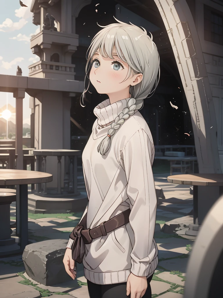 one woman,  talents, cozy turtleneck sweater, Upper body angle, Very cute, Perfect good looks, Braid, ash gray hair, glare of the sun, Depth of object being written, blurred background, particles of light, Strange wind, Highest image quality, highest quality, ultra high resolution, master piece, (Apsaras ⅱ)