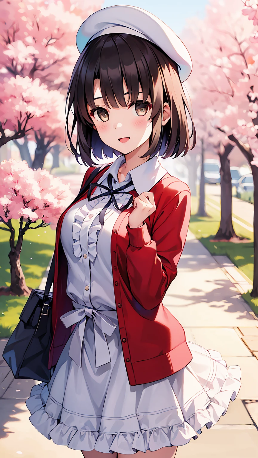 ((masterpiece, best quality, highres)), depth of field, 
BREAK, 1girl, standing, cowboy shot, close mouth, smile, 
BREAK, (outdoor, cherry blossom),   
BREAK, aamegumi, short hair, beret, white headwear, neck ribbon, frills, white dress, red cardigan, open clothes, long sleeves, white bow