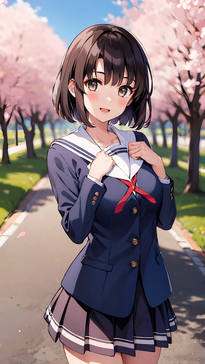 ((masterpiece, best quality, highres)), depth of field, 
BREAK, 1girl, standing, cowboy shot, close mouth, smile, 
BREAK, (outdoor, cherry blossom),   
BREAK, bbmegumi, short hair, school uniform, sailor collar, (blue shirt:1.2), long sleeves, pleated skirt, blue skirt