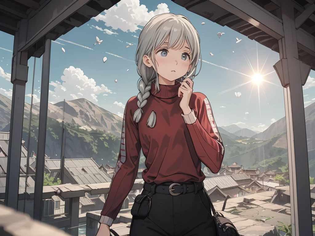 one woman, 14 talents, cozy turtleneck sweater, Upper body angle, Very cute, Perfect good looks, Braid, ash gray hair, glare of the sun, Depth of object being written, blurred background, particles of light, Strange wind, Highest image quality, highest quality, ultra high resolution, master piece, (Apsaras ⅱ)