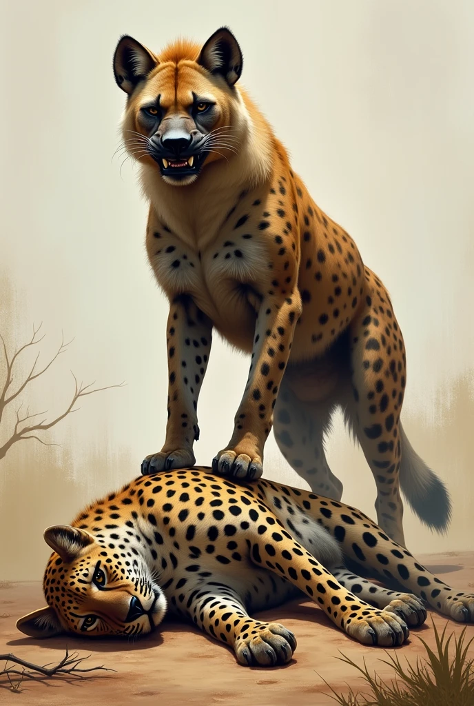 anthro, hyena, male, adult, athletic, muscles, topless, looking at viewer, realistic fur, detailed background, wilderness background, realistic, photorealistic, ultra realistic, 8k, canine, sheath, balls, chastity cage, kneeling on the ground. (by blotch)