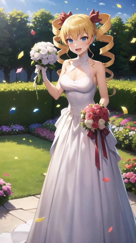 masterpiece, best quality, highres, aaharvey, long hair, twintails, twin drills, hair ribbon, wedding dress, standing, garden, confetti, holding bouquet, smile, open mouth,