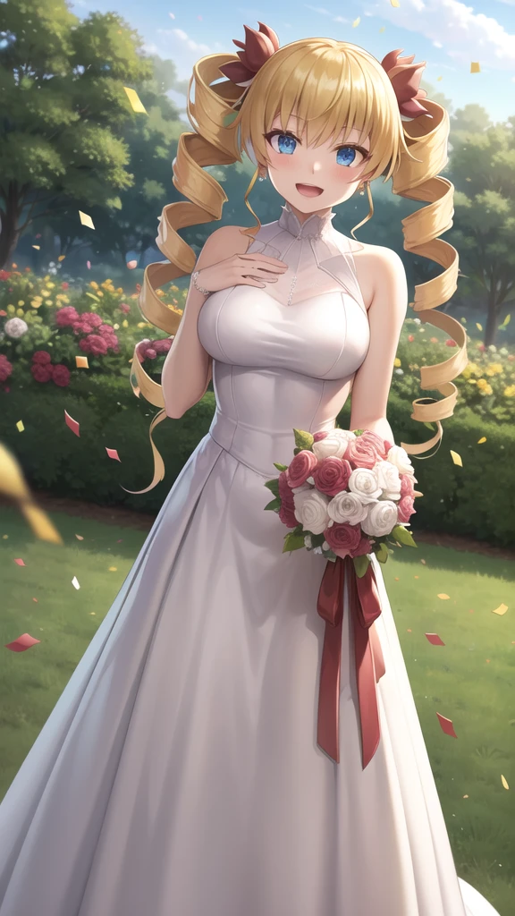 masterpiece, best quality, highres, aaharvey, long hair, twintails, twin drills, hair ribbon, wedding dress, standing, garden, confetti, holding bouquet, smile, open mouth,