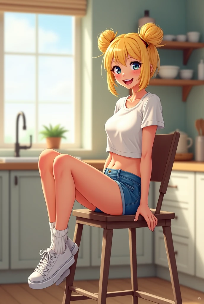 NSFW　(One girl:1.5), (Small breasts :1.5), (Mordred \(destiny\):1.3), UFOTABLE STYLE, Anime Coloring, Anime screenshots, ((High resolution illustrations)), ((masterpiece)), ((Highest quality)), High detail, Many details, (Textured skin:1.4), (Detailed yellow hair: 1.9), (Detailed green eye:1.4), short hair, Complex Hair, Hair between the eyes, Nice hands, Perfect hands, Perfect body, Focus Only, Fine eyebrows, pace, ponytail, Braiding, slim, Healthy Body, skinny, Detailed lighting, Realistic colors, Bright colors, Sharp focus, Ray Tracing, Cinema Lighting, Bold line, Black Military Boots, Jeans Shorts, (tube_superior:1.3), sexy, Intimate, erotic, Not art, No photos, Romantic atmosphere, Romantic atmosphere,Bedroom　Night view　Mood lighting　Sit on a chair　Completely naked　topless　blush　